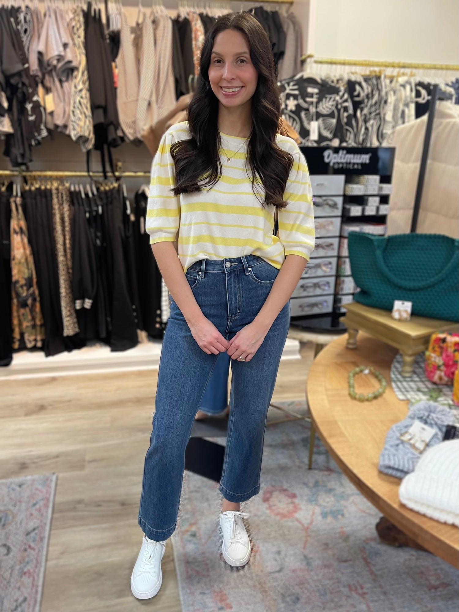 YELLOW &amp; WHITE STRIPE SHORT PUFF SLEEVE SWEATER KNIT TOP