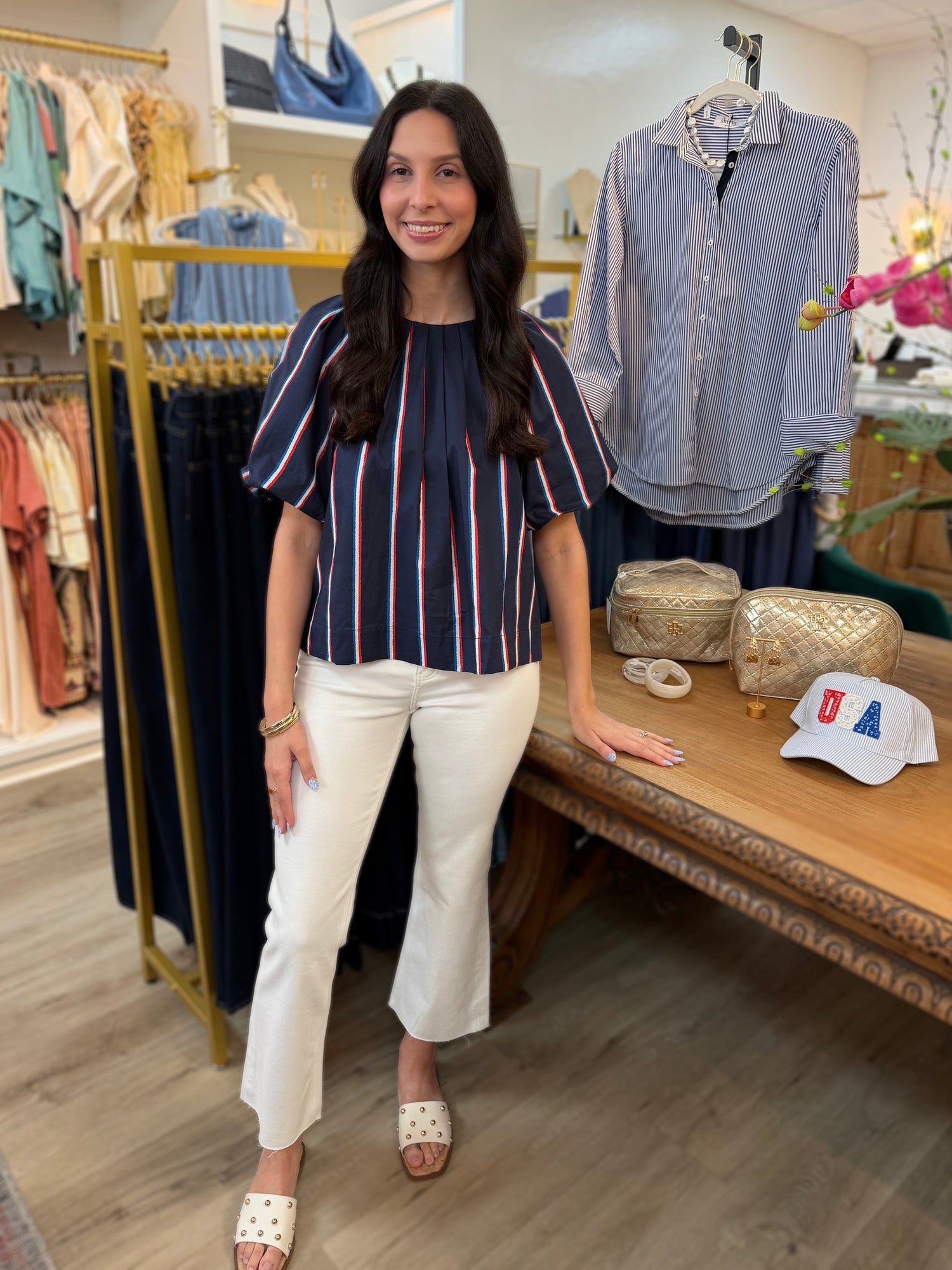 NAVY USA STRIPE BALLOON SLEEVE TOP