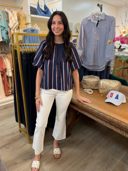 NAVY USA STRIPE BALLOON SLEEVE TOP