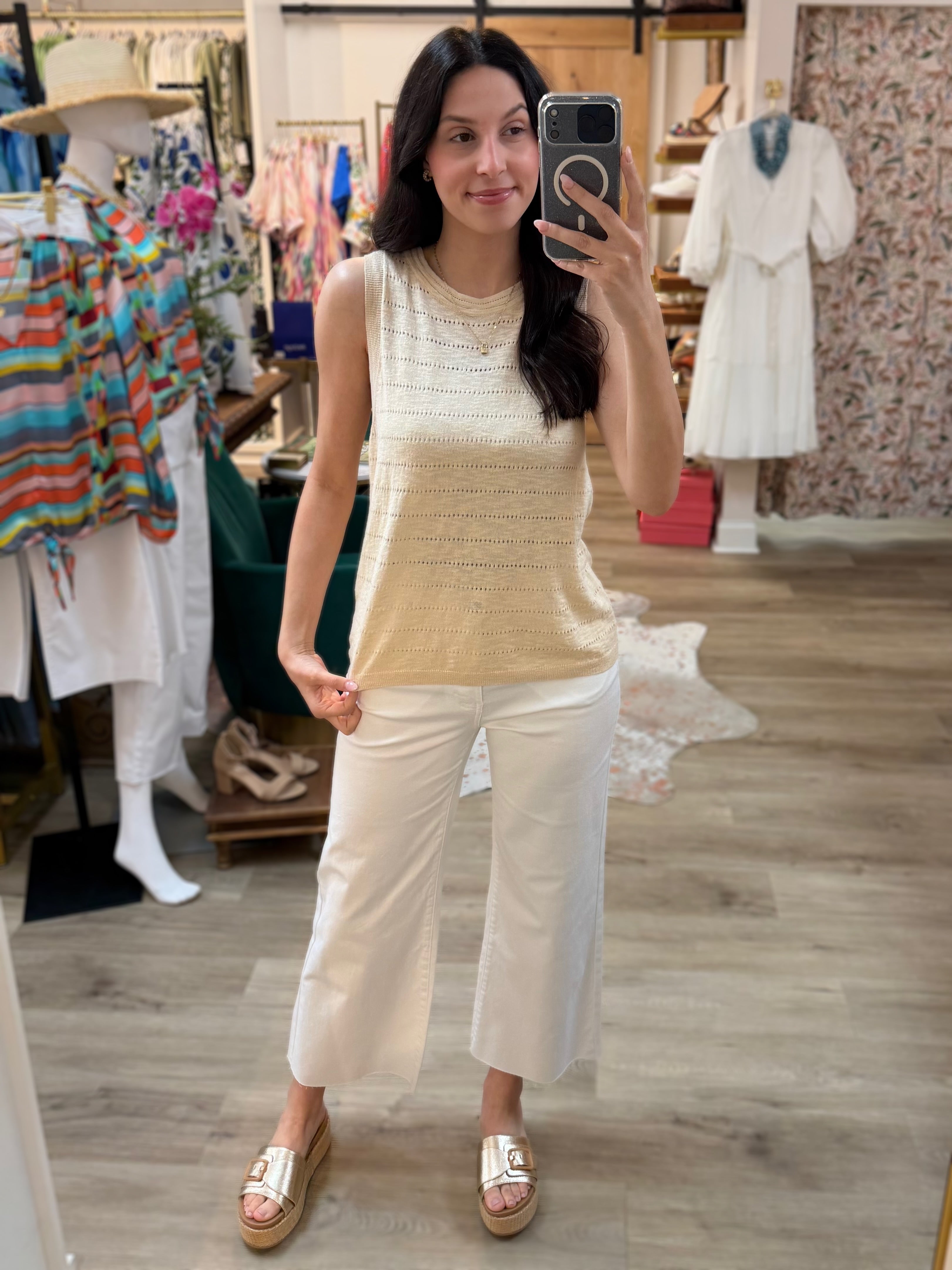 NATURAL POINTELLE STRIPE SLEEVELESS SWEATER TOP