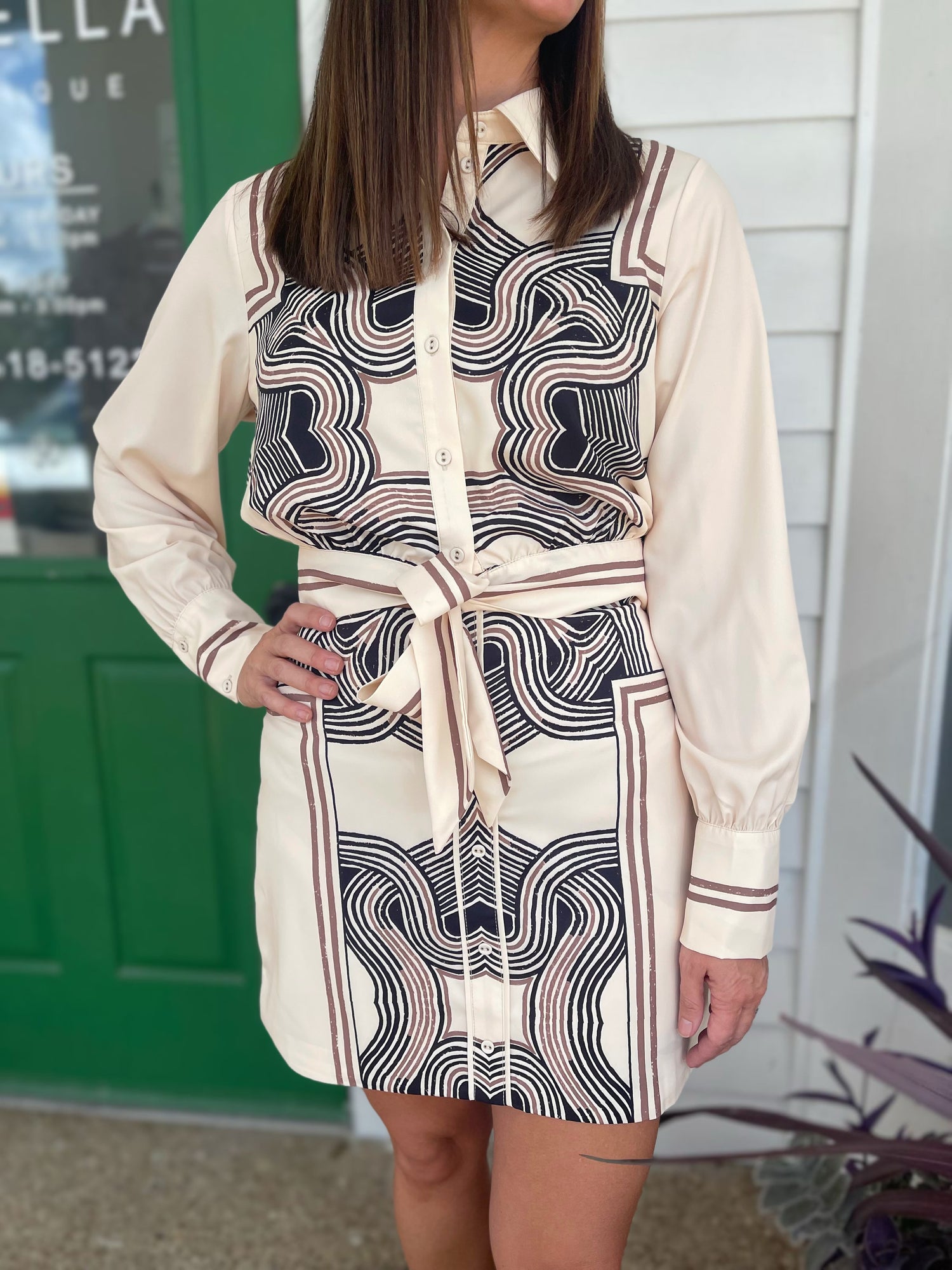 CREAM/BLACK &amp; BROWN ENGINEER PRINT TIE FRONT GARA SHIRT