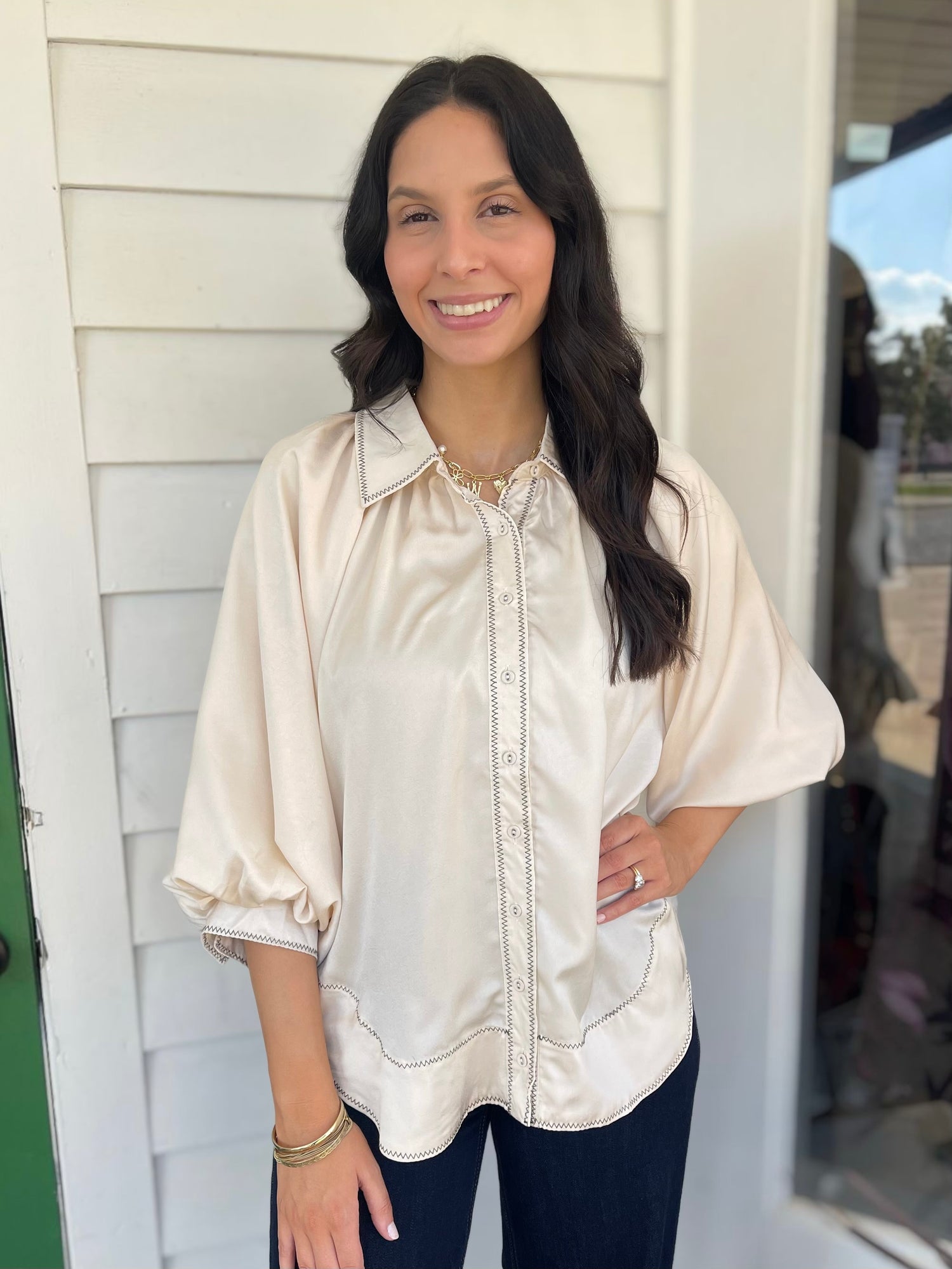CREAM SATIN CONTRAST STITCH BALLOON SLEEVE BUTTON DOWN BLOUSE