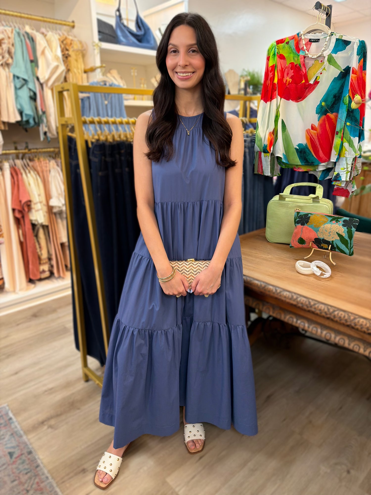NAVY POPLIN TIERED A-LINE SLEEVELESS MAXI DRESS