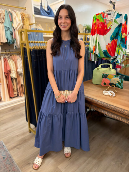 NAVY POPLIN TIERED A-LINE SLEEVELESS MAXI DRESS