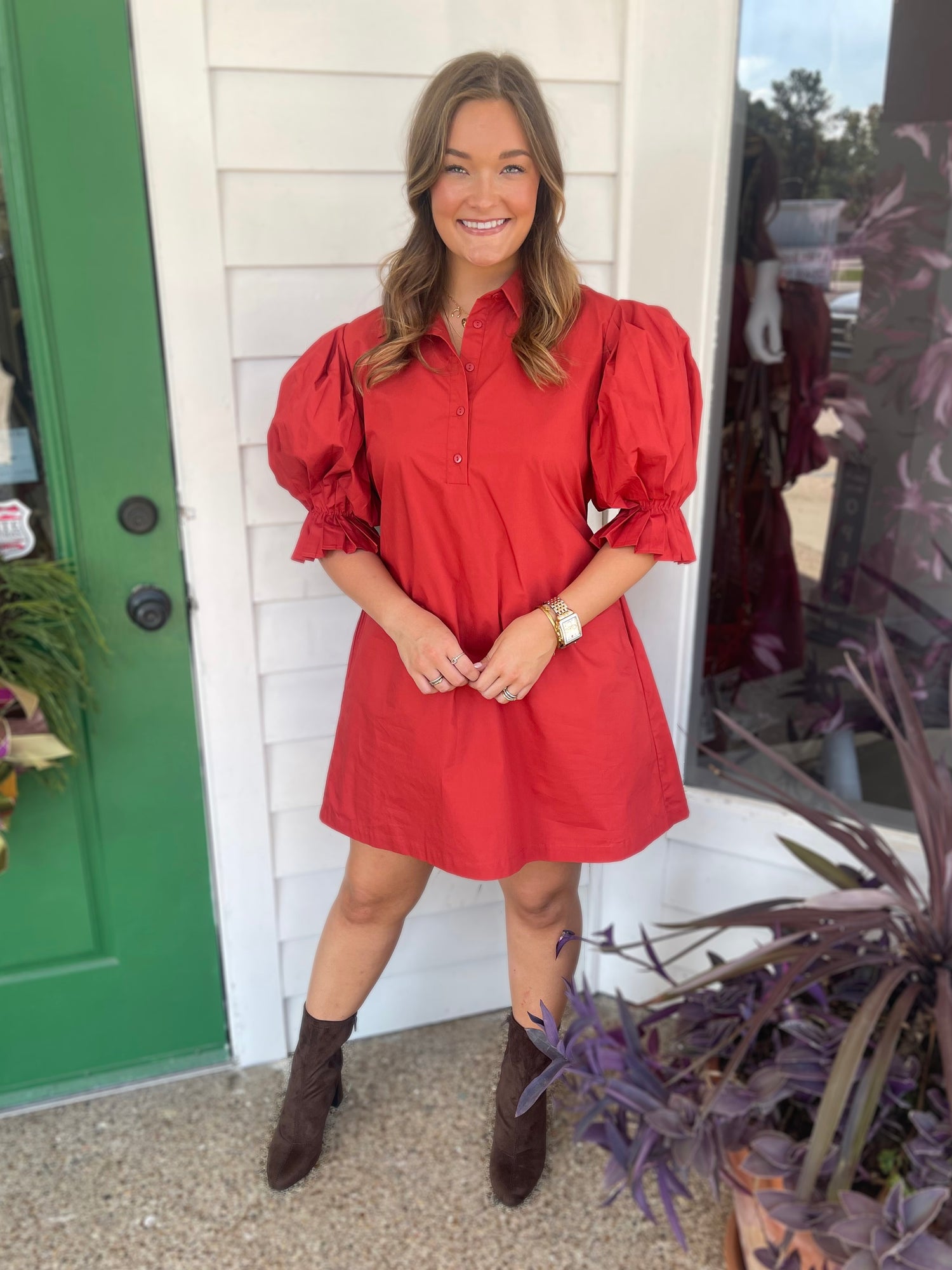 CHERRY RED POPLIN PLEATED SLEEVE SHIRT DRESS