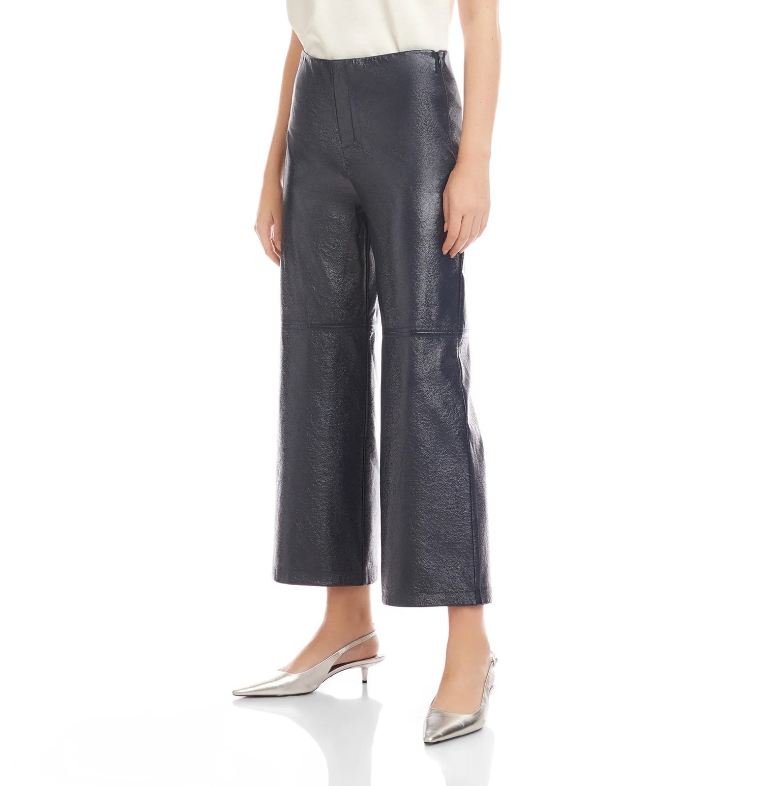 NAVY FAUX PATENT LEATHER CROPPED PANTS