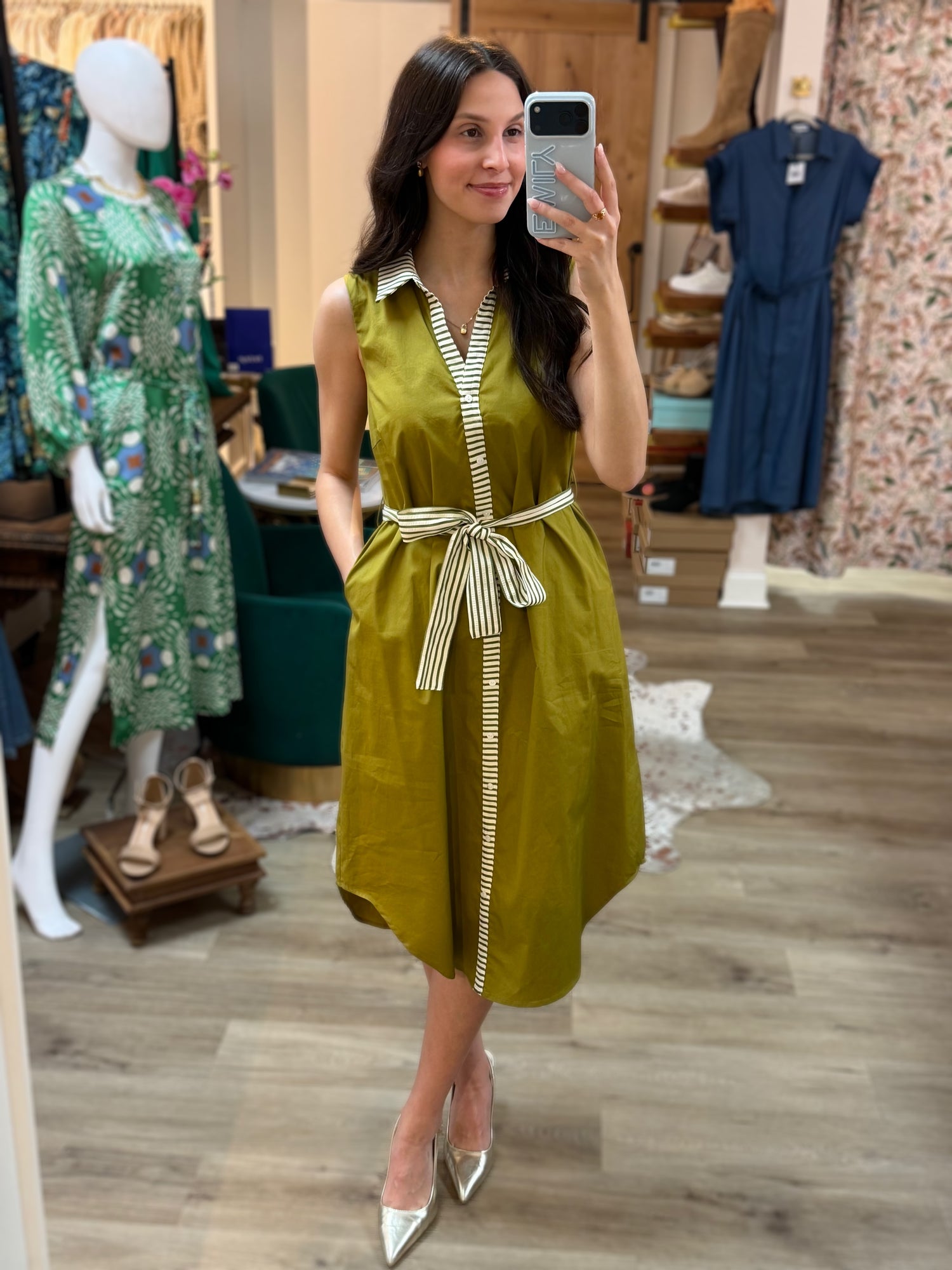 OLIVE STRIPED BANDING BUTTON-DOWN SLEEVELESS MIDI DRESS