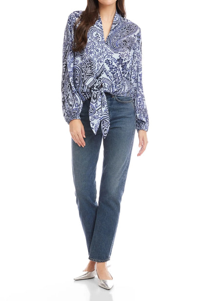 LIGHT &amp; DARK BLUE PAISLEY PATCH CREPE PRINT SCARLET TIE-FRONT TOP