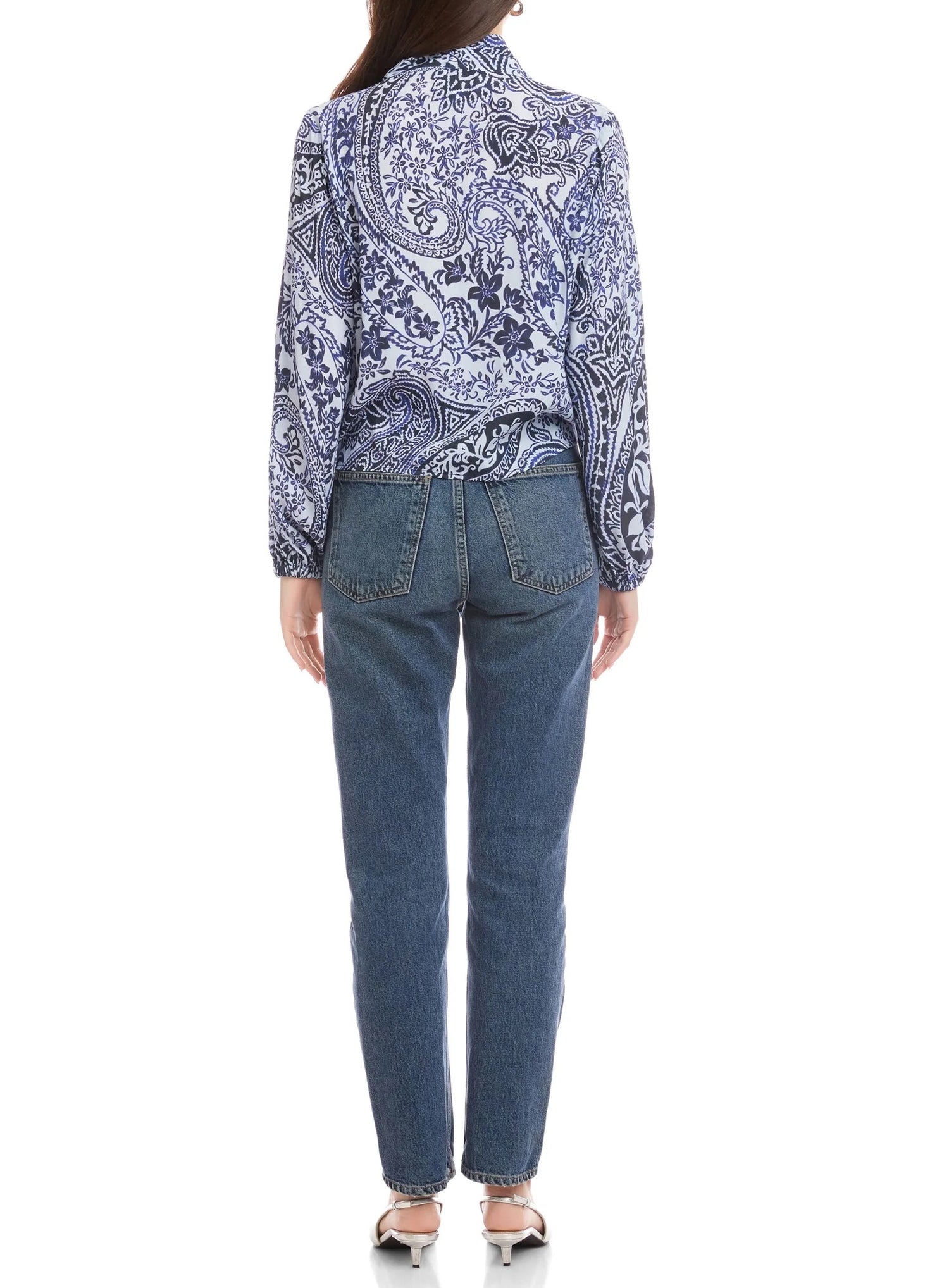 LIGHT &amp; DARK BLUE PAISLEY PATCH CREPE PRINT SCARLET TIE-FRONT TOP