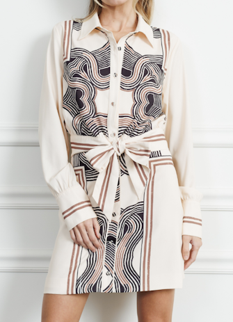 CREAM/BLACK &amp; BROWN ENGINEER PRINT TIE FRONT GARA SHIRT