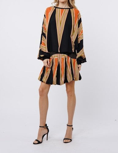 BLACK MULTI ABSTRACT GEO PRINT LONG SLEEVE KAROLINE BLOUSE