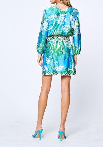 BLUE TURTLE PRINT FEDELE PUFF SLEEVE BLOUSE