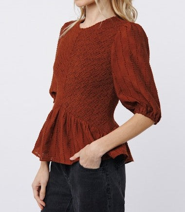 BROWN SMOCKED PEPLUM 3/4 PUFF SLEEVE ESRA TOP
