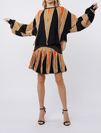 BLACK MULTI ABSTRACT GEO PRINT LONG SLEEVE KAROLINE BLOUSE