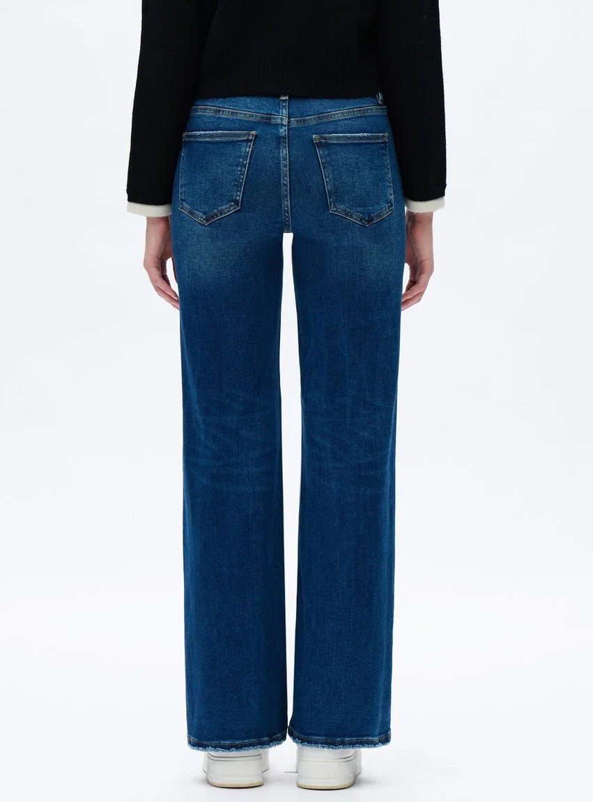 DARK BLUE DISTRESSED ALSA MID RISE WIDE LEG JEANS