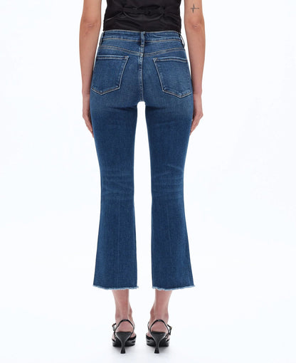 MEDIUM/DARK INDIGO MID RISE STEPPED FRAYED HEM CROPPED BOOTCUT DIAMOND JEANS