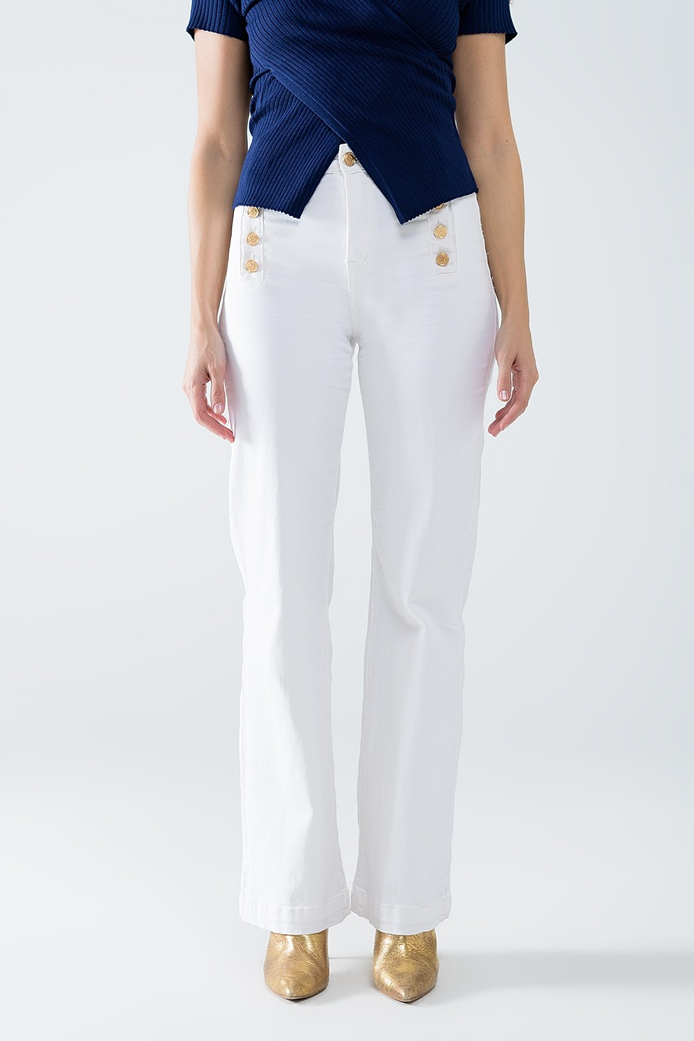 CREAM STRAIGHT JEANS WITH GOLD BUTTON ACCENT