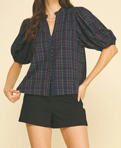 NAVY MULTI PLAID PRINT SHORT PUFF SLEEVE BUTTON UP TOP