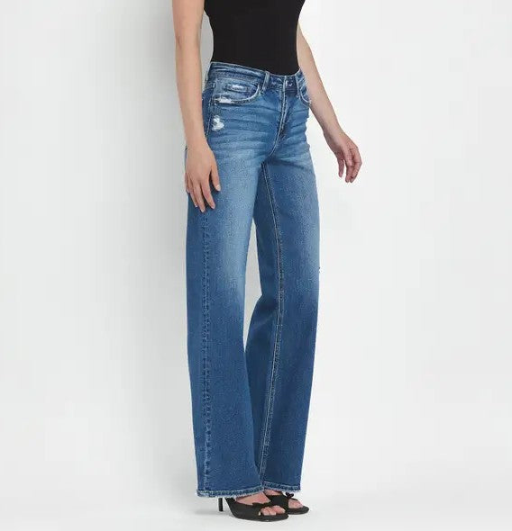 SECURE MEDIUM DARK WASH MID RISE FULL LENGTH WIDE LEG JEANS