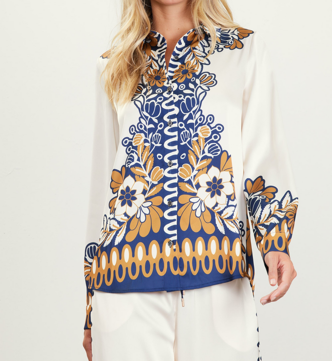 NAVY/MUSTARD PRINTED LONG SLEEVE BUTTON DOWN BLOUSE