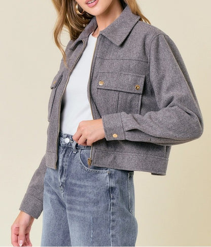 CHARCOAL GREY COLLLARED NECK LONG SLEEVE ZIP UP JACKET