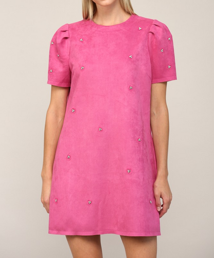 MAGENTA PINK JEWEL EMBELLISHED PUFF SLEEVE SHIFT DRESS