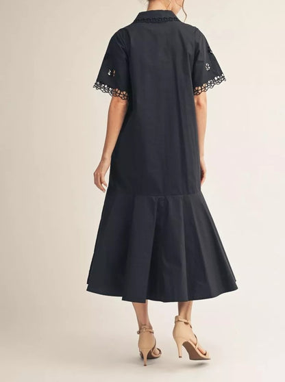 BLACK EYELET DETAIL SHORT SLEEVE BUTTON UP FLAIR HEM MIDI DRESS