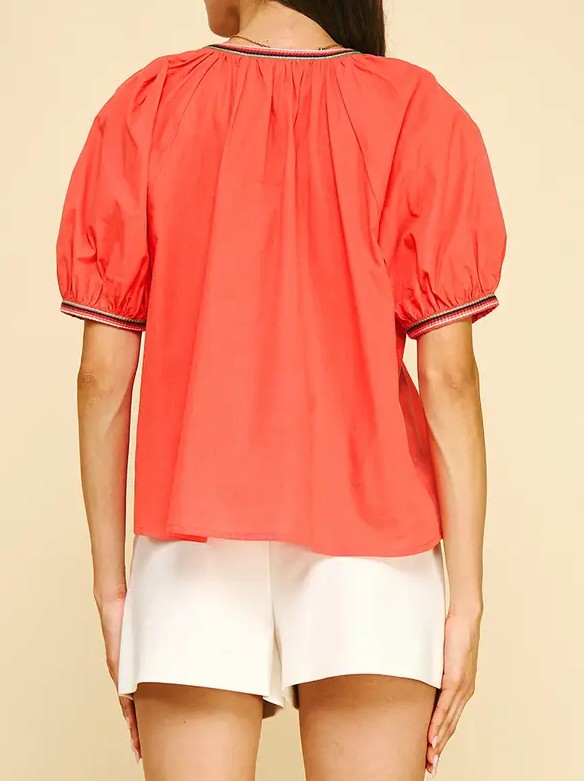TOMATO RED CONTRAST STITCH DETAIL SHORT BALLOON SLEEVE TOP