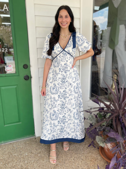 DARK NAVY FLORAL PRINT DEEP VNECK BUBBLE SLEEVE MAXI DRESS