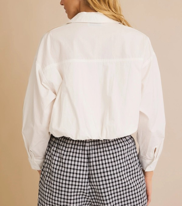 WHITE LONG SLEEVE BUBBLE HEM POPLIN SHIRT