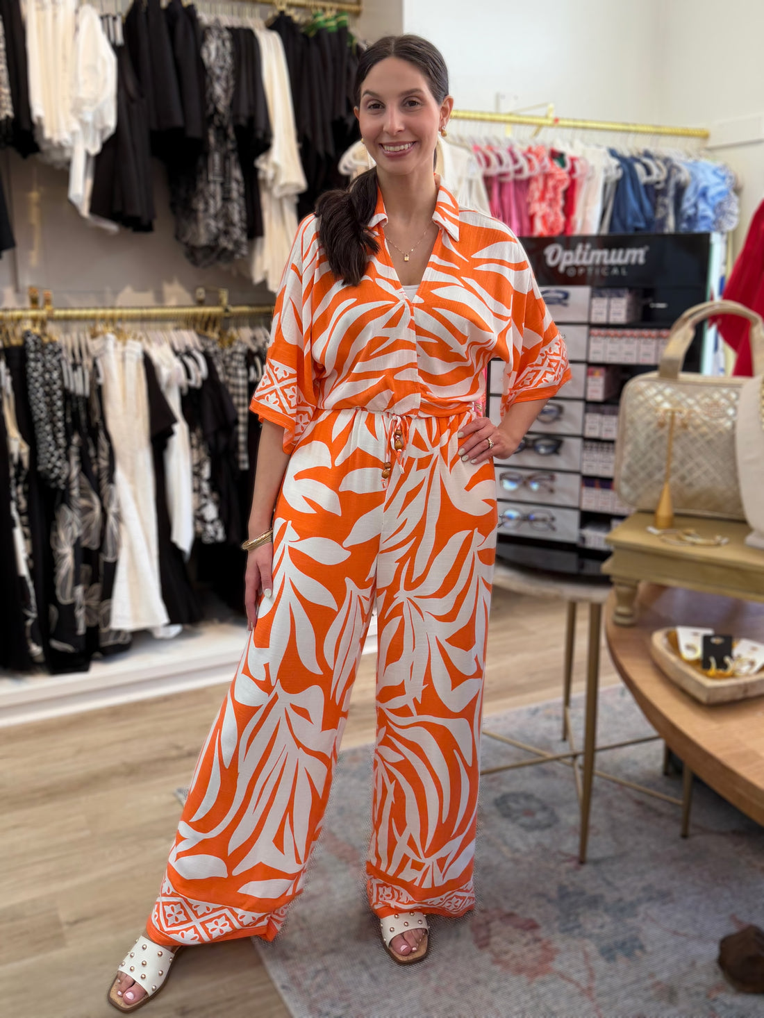 ORANGE MULTI LEAF PRINT WIDE SLEEVE FRONT KNOT TOP