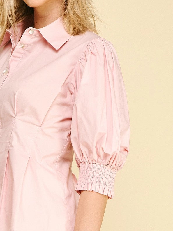 BABY PINK TUCKED WAIST BALLOON SLEEVE BUTTON UP TOP