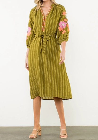 OLIVE GREEN STRIPE &amp; FLORAL EMBROIDERED PUFF SLEEVE MAXI DRESS