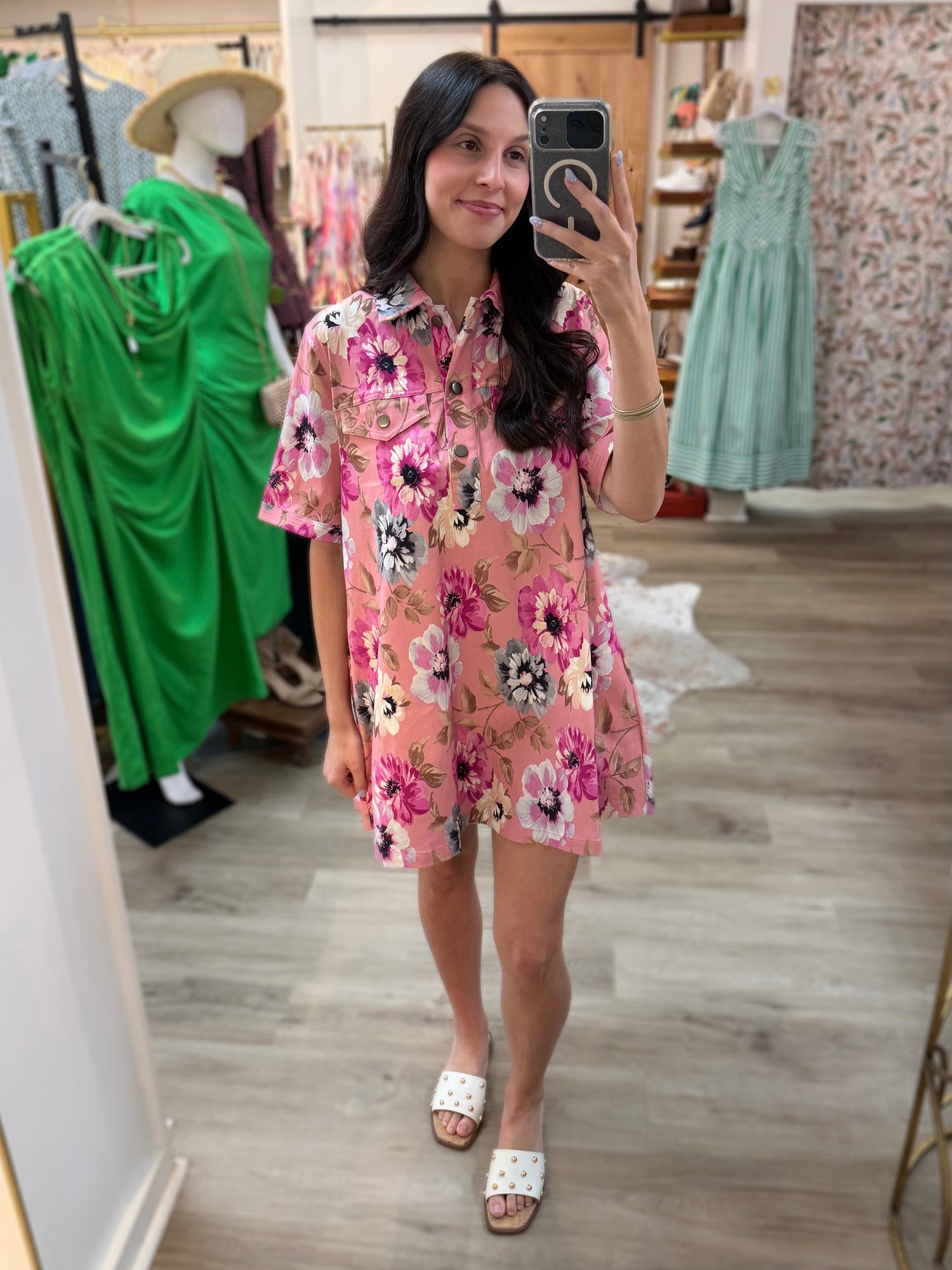 PINK MULTI FLORAL PRINT COLLARED A-LINE SHIRT MINI DRESS