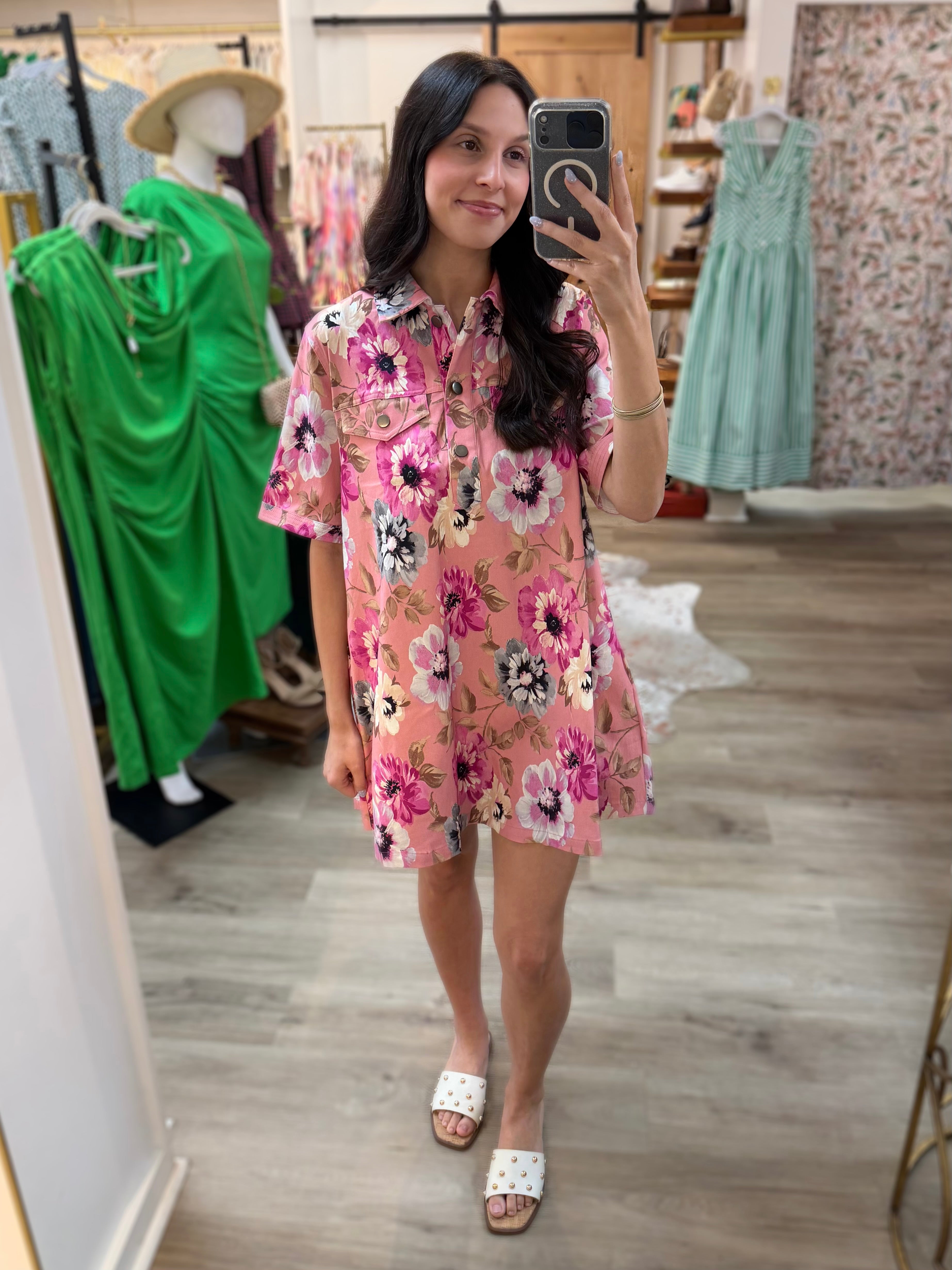 PINK MULTI FLORAL PRINT COLLARED A-LINE SHIRT MINI DRESS
