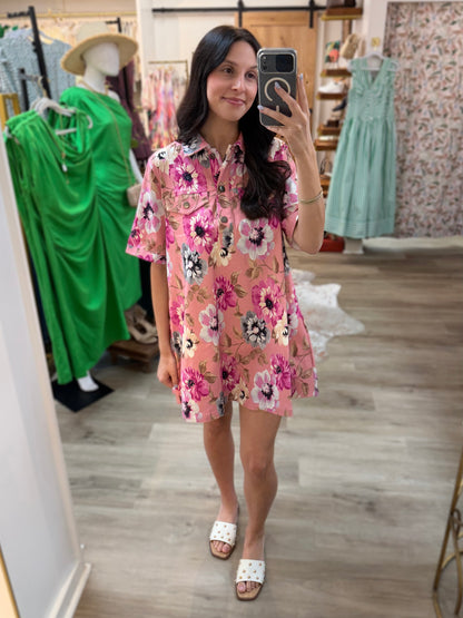 PINK MULTI FLORAL PRINT COLLARED A-LINE SHIRT MINI DRESS