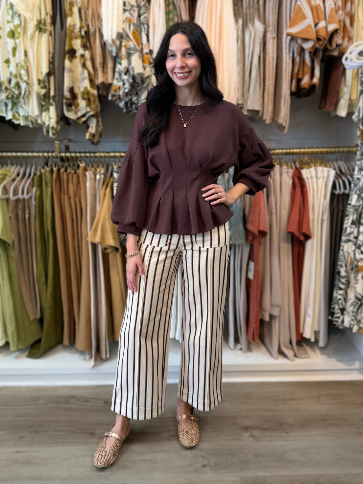 BROWN PLEATED WAIST DETAIL LONG BALLOON SLEEVE TOP