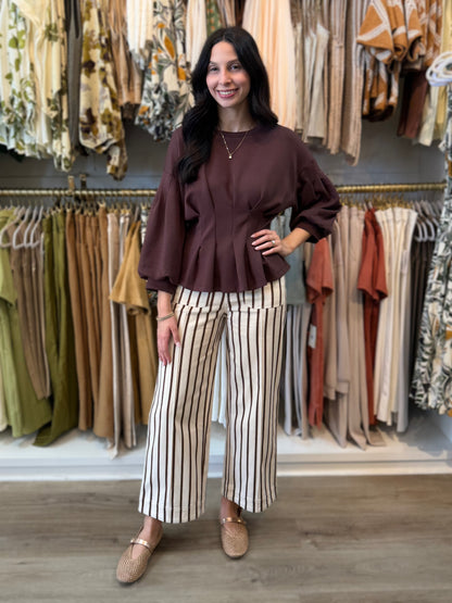 BROWN PLEATED WAIST DETAIL LONG BALLOON SLEEVE TOP