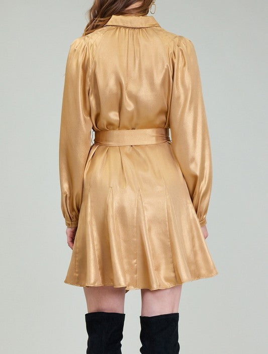 SHINY GOLD LONG SLEEVE GORE SKIRT MINI DRESS