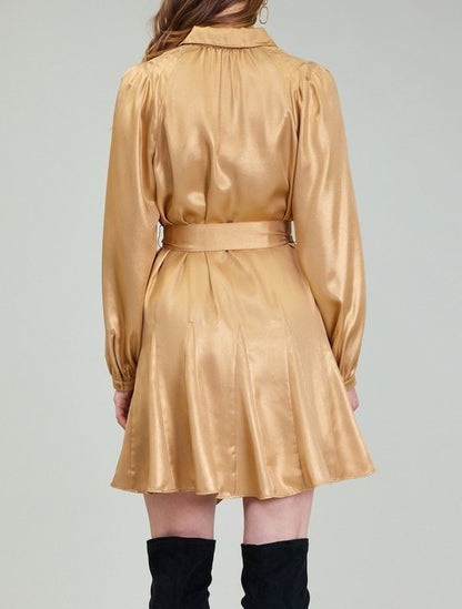 SHINY GOLD LONG SLEEVE GORE SKIRT MINI DRESS