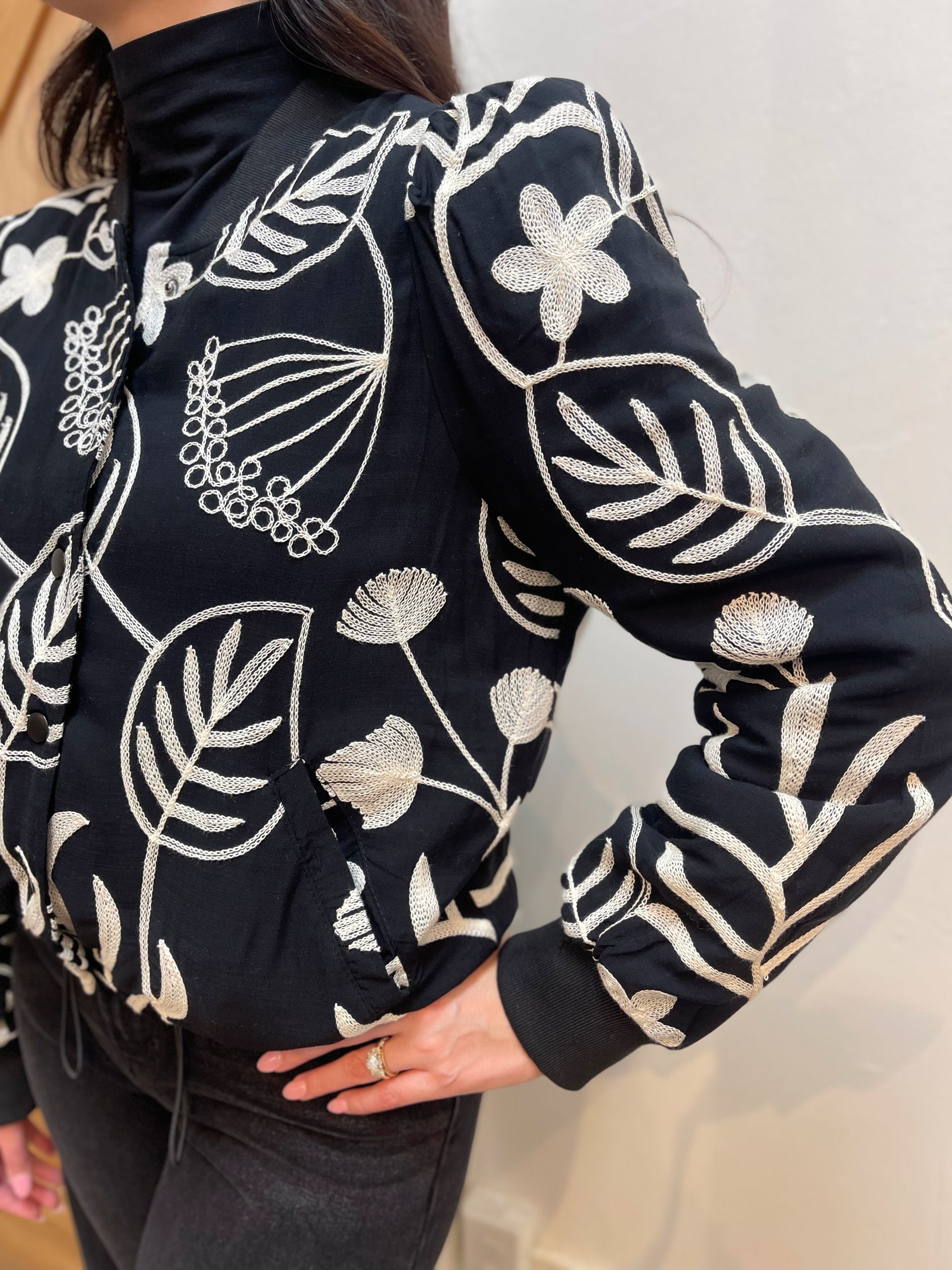 BLACK/WHITE EMBROIDERED FRONT BUTTON UP LONG SLEEVE PUFFER JACKET
