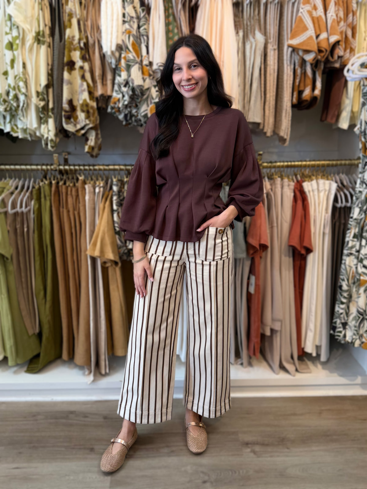 BROWN STRIPED ANKLE LENGTH PANTS