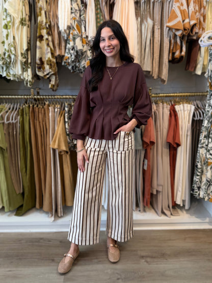BROWN STRIPED ANKLE LENGTH PANTS