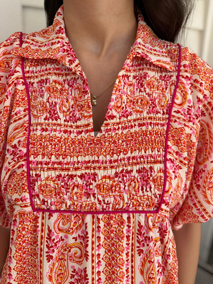 PINK MIXED PAISLEY PRINT SMOCKED FRONT YOKE PUFF SLEEVE MINI DRESS
