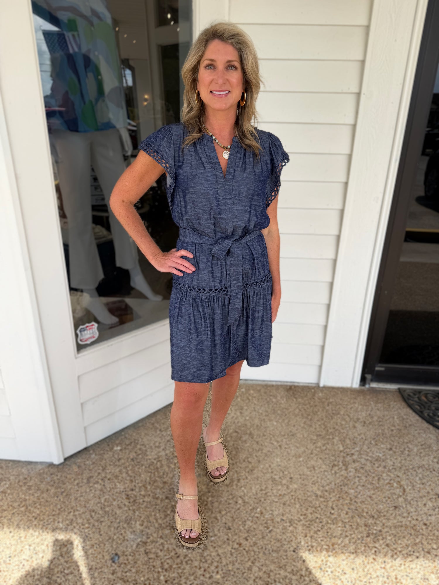 NAVY MELANGE CROCHET TRIM MINI DRESS