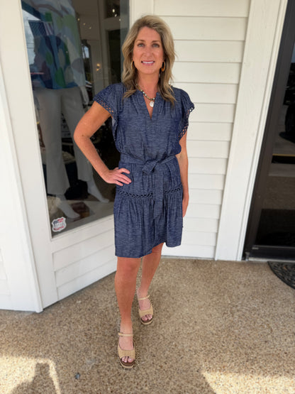 NAVY MELANGE CROCHET TRIM MINI DRESS