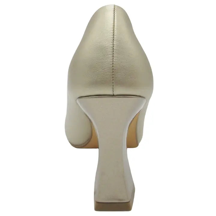 GOLD METALLIC POINTED TOE FLARED DONA BLOCK HEEL