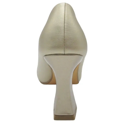 GOLD METALLIC POINTED TOE FLARED DONA BLOCK HEEL