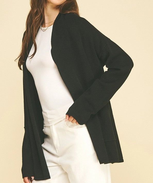 BLACK OPEN FRONT KNIT CARDIGAN SWEATER