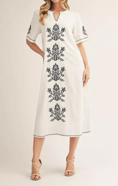 OFF WHITE/BLACK FLORAL EMBROIDERY GATHERED SHOULDER SHORT SLEEVE MIDI DRESS